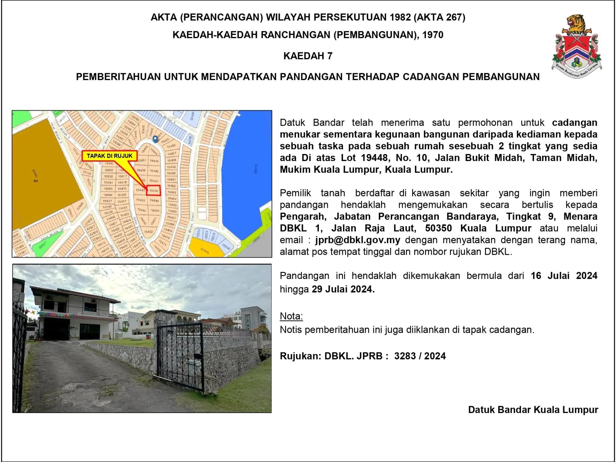 Announcement for Notice of Notification to Obtain Feedback from Registered Landowners of Lot 19448, No.10 Jalan Bukit Midah, Taman Midah, Mukim Kuala Lumpur